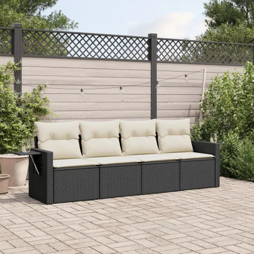 Conjunto de Sofás para Jardim c/ Almofadões Vime PE Preto (4 pcs)