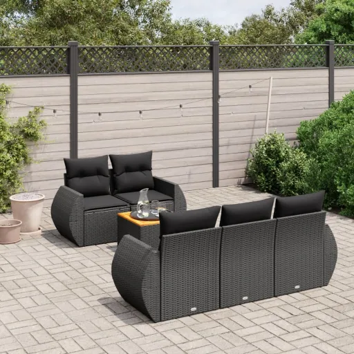 Conjunto Sofás de Jardim c/ Almofadões Vime PE Preto (6 pcs)