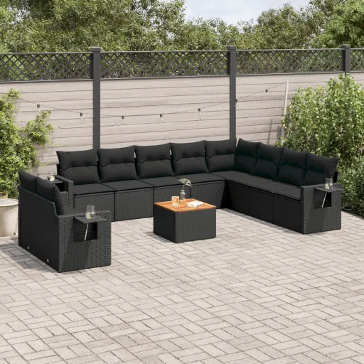 Conjunto Sofás de Jardim c/ Almofadões Vime PE Preto (11 pcs)