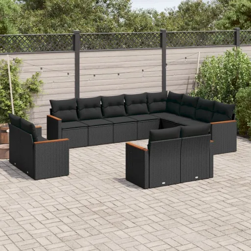 Conjunto de Sofás de Jardim c/ Almofadões Vime PE Preto (12 pcs)