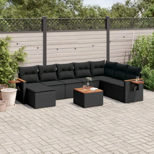 Conjunto de Sofás p/ Jardim c/ Almofadões Vime PE Preto (9 pcs)