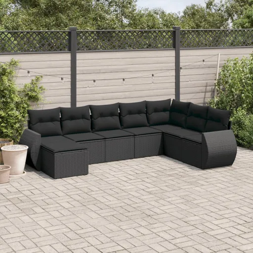 Conjunto Sofás de Jardim com Almofadões Vime PE Preto (8 pcs)