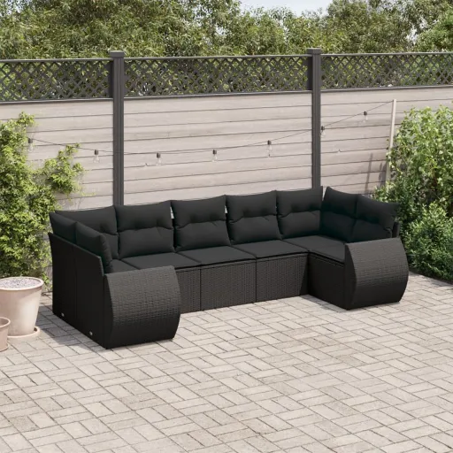 Conjunto de Sofás p/ Jardim c/ Almofadões Vime PE Preto (7 pcs)