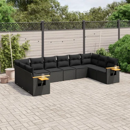 Conjunto Sofás de Jardim c/ Almofadões Vime PE Preto (10 pcs)