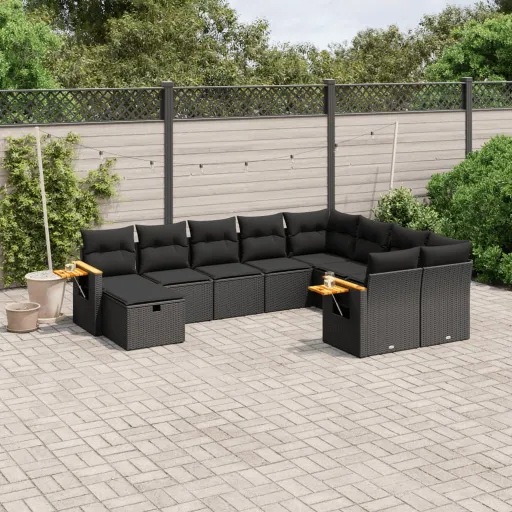 Conjunto Sofás de Jardim c/ Almofadões Vime PE Preto (10 pcs)