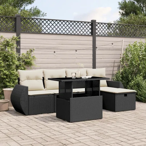 Conjunto Sofás de Jardim c/ Almofadões Vime PE Preto (6 pcs)