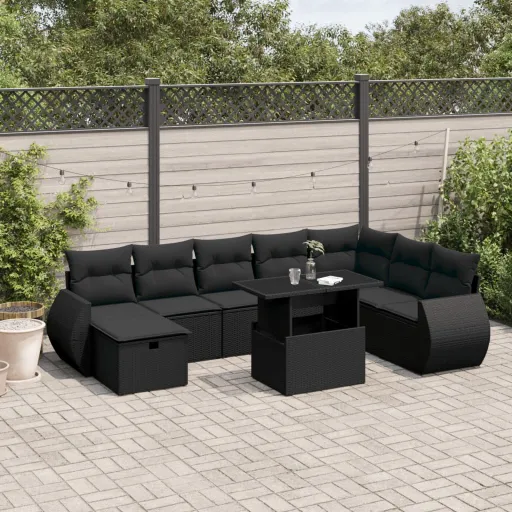 Conjunto de Sofás p/ Jardim c/ Almofadões Vime PE Preto (9 pcs)