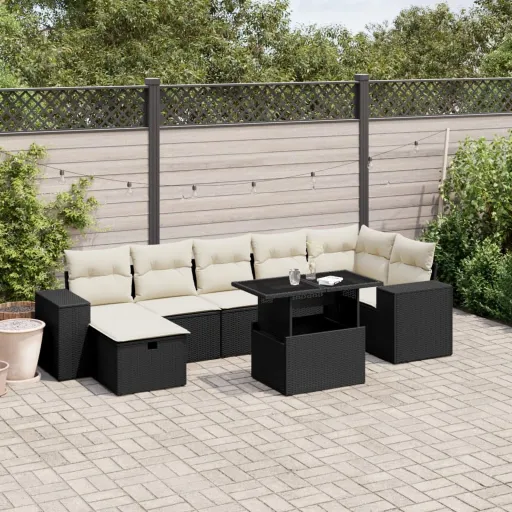 Conjunto Sofás de Jardim com Almofadões Vime PE Preto (8 pcs)