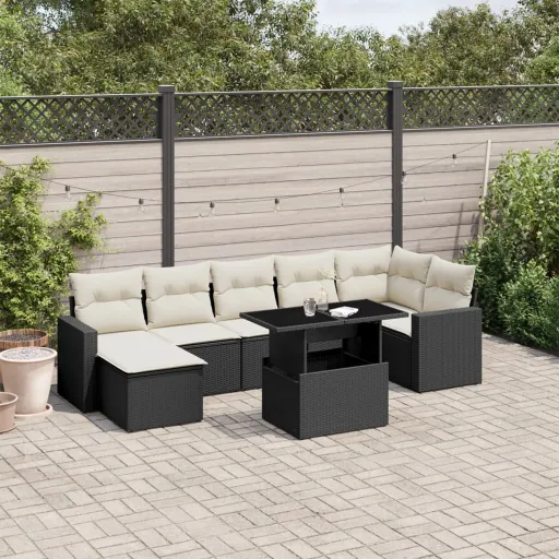 Conjunto Sofás de Jardim com Almofadões Vime PE Preto (8 pcs)