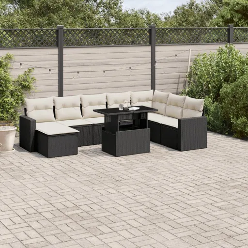 Conjunto de Sofás p/ Jardim c/ Almofadões Vime PE Preto (9 pcs)