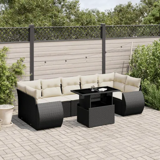 Conjunto Sofás de Jardim com Almofadões Vime PE Preto (8 pcs)