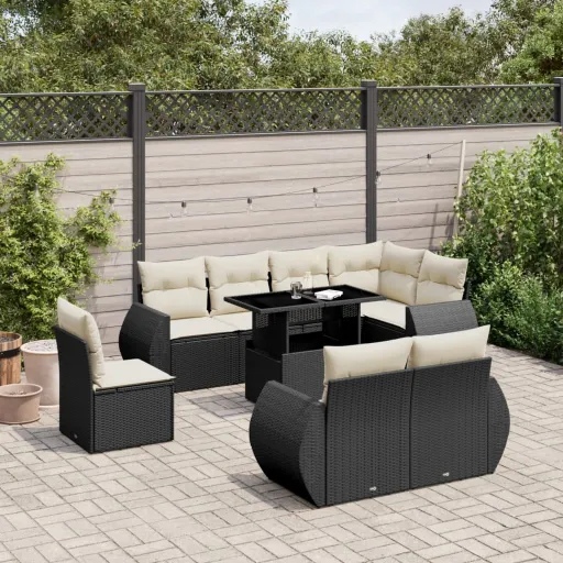 Conjunto de Sofás p/ Jardim c/ Almofadões Vime PE Preto (9 pcs)