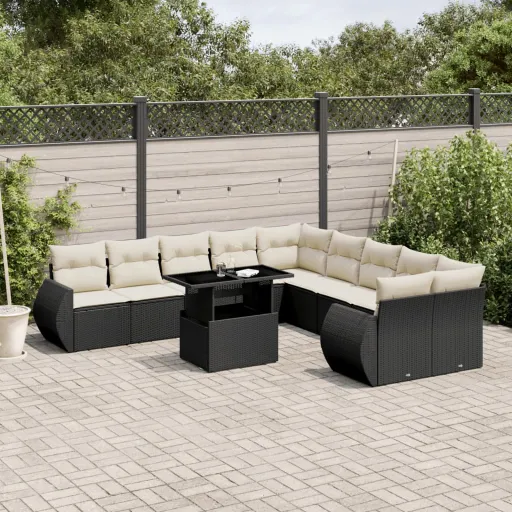 Conjunto Sofás de Jardim c/ Almofadões Vime PE Preto (11 pcs)