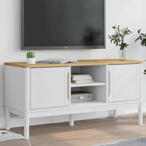 Móvel de TV FLORO 114x43x55 cm Madeira de Pinho Maciça Branco