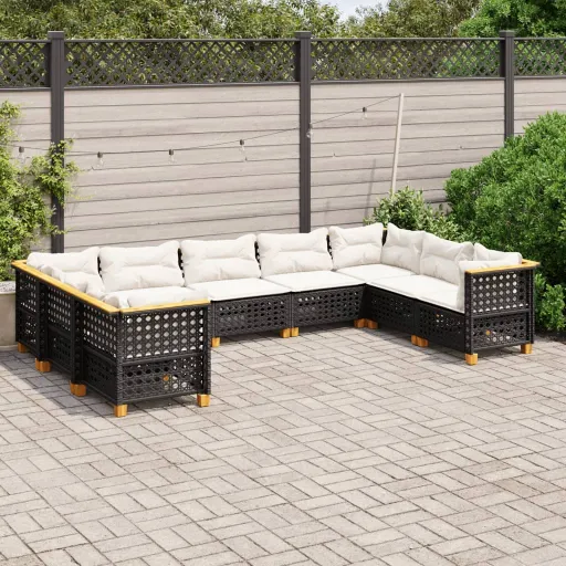 Conjunto de Sofás p/ Jardim c/ Almofadões Vime PE Preto (9 pcs)