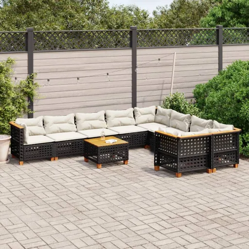 Conjunto Sofás de Jardim c/ Almofadões Vime PE Preto (10 pcs)