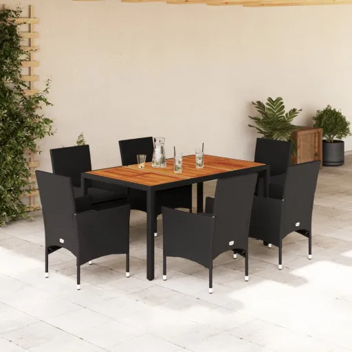 Conjunto Jantar Jardim c/ Almofadões Vime PE/Acácia Preto (7 pcs)