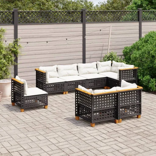 Conjunto Sofás de Jardim com Almofadões Vime PE Preto (8 pcs)