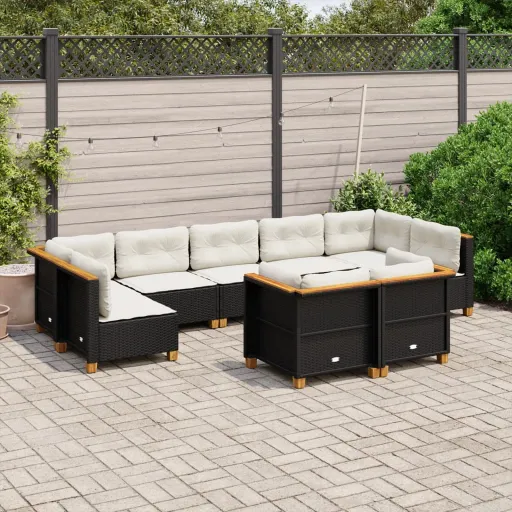 Conjunto de Sofás p/ Jardim c/ Almofadões Vime PE Preto (9 pcs)