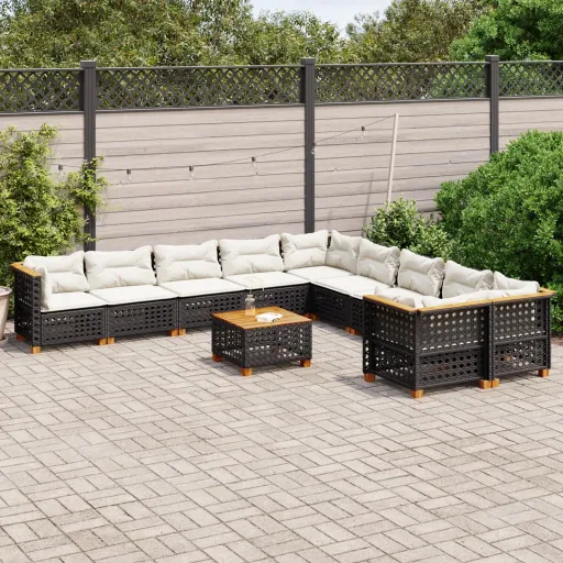 Conjunto Sofás de Jardim c/ Almofadões Vime PE Preto (11 pcs)