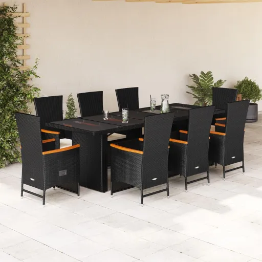 Conjunto de Jantar p/ Jardim c/ Almofadões Vime PE Preto (9 pcs)