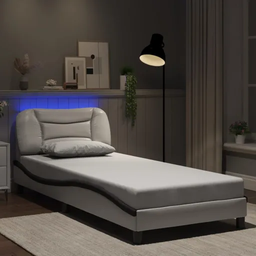 Estrutura Cama c/ Luzes LED 90x190 cm Couro Artif. Branco/Preto