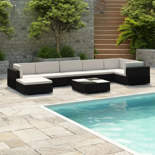 Conjunto Lounge de Jardim c/ Almofadões Vime PE Preto (8 pcs)