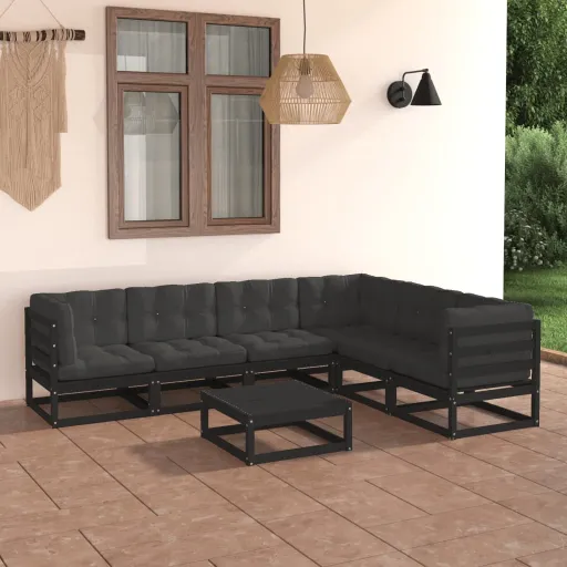 Conjunto Longue Jardim c/ Almofadões Pinho Maciço Preto (7 pcs)