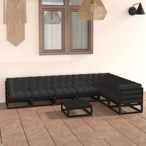 Conjunto Lounge Jardim c/ Almofadões Pinho Maciço Preto (8 pcs)