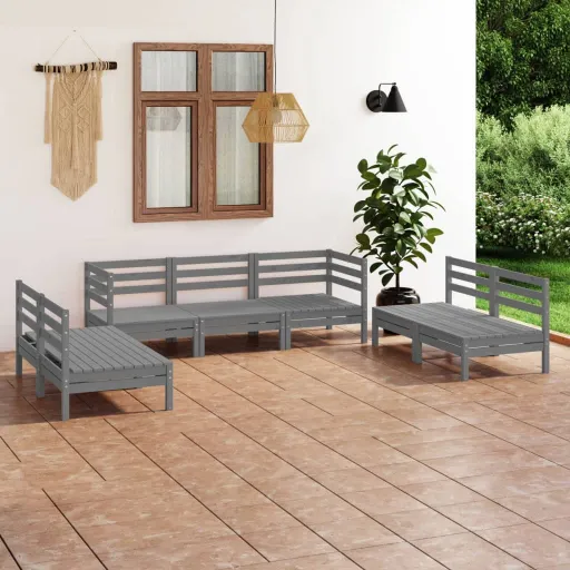 Conjunto Lounge de Jardim Pinho Maciço Cinzento (7 pcs)