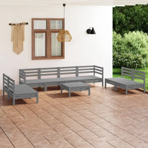 Conjunto Lounge de Jardim Pinho Maciço Cinzento (9 pcs)