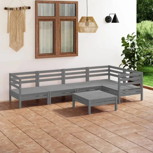 Conjunto Lounge de Jardim Pinho Maciço Cinzento (6 pcs)