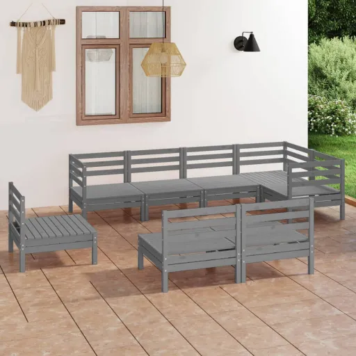 Conjunto Lounge de Jardim Pinho Maciço Cinzento (8 pcs)