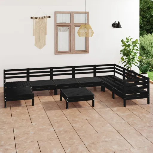 Conjunto Lounge de Jardim Pinho Maciço Preto (9 pcs)