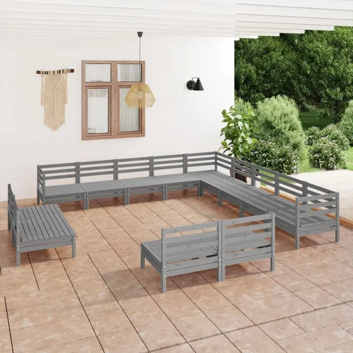 Conjunto Lounge de Jardim Pinho Maciço Cinzento (13 pcs)