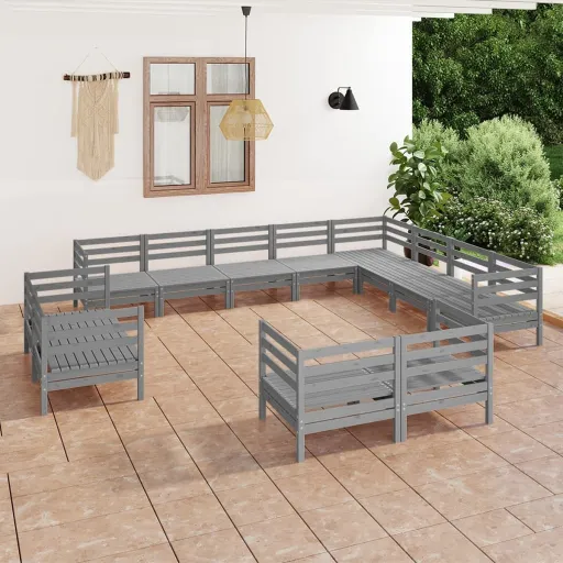 Conjunto Lounge de Jardim Pinho Maciço Cinzento (12 pcs)