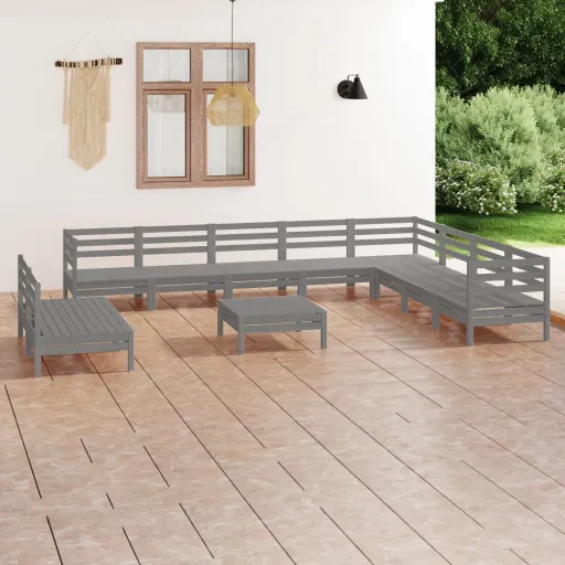 Conjunto Lounge de Jardim Pinho Maciço Cinzento (11 pcs)