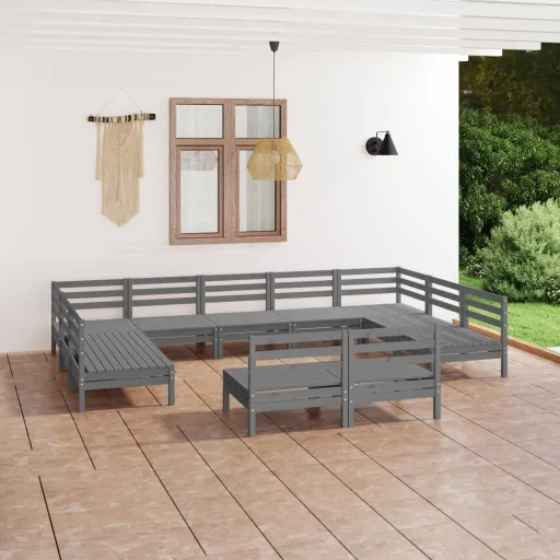 Conjunto Lounge de Jardim Madeira de Pinho Maciça Cinza (11 pcs)