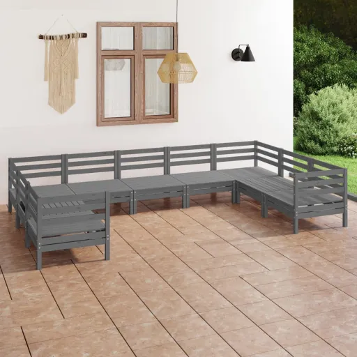 Conjunto Lounge de Jardim Pinho Maciço Cinzento (9 pcs)