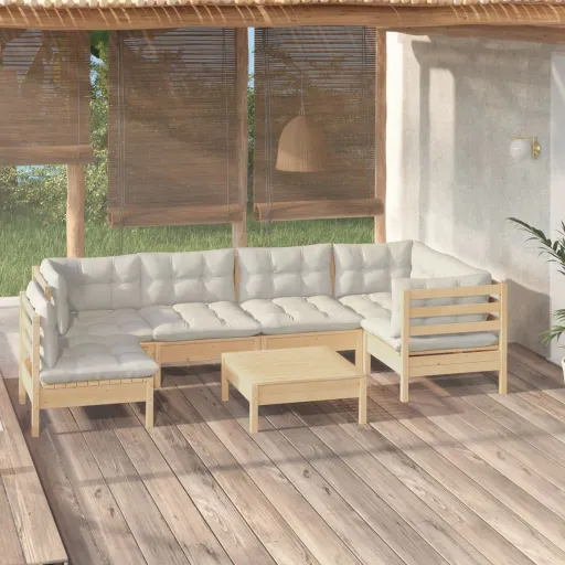 Conjunto Lounge de Jardim c/ Almofadões Cor Creme Pinho (7 pcs)