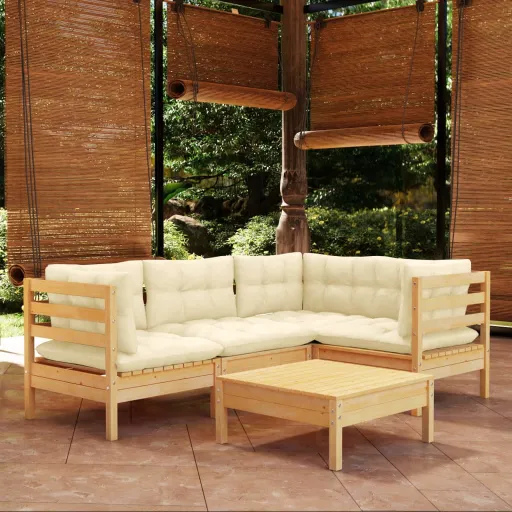 Conjunto Lounge de Jardim c/ Almofadões Cor Creme Pinho (5 pcs)