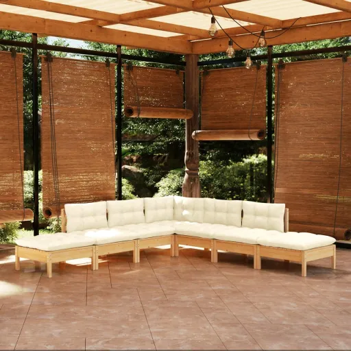 Conjunto Lounge de Jardim c/ Almofadões Cor Creme Pinho (7 pcs)