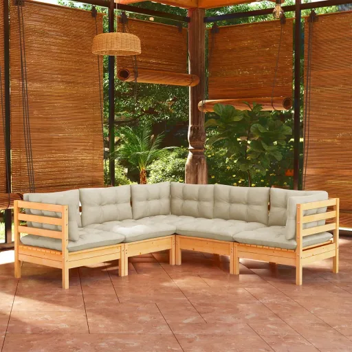 Conjunto Lounge Jardim c/ Almofadões Creme Pinho Maciço (5 pcs)