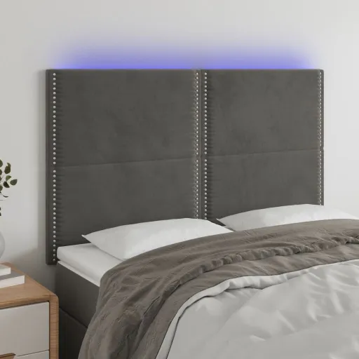 Cabeceira de Cama c/ LED Veludo 144x5x118/128 cm Cinza-Escuro