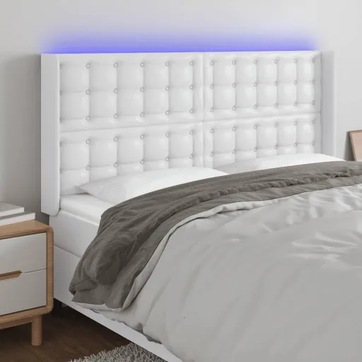 Cabeceira Cama c/ LED Couro Artificial 147x16x118/128 cm Branco