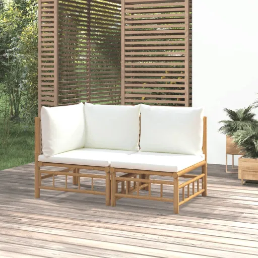 Conjunto Lounge de Jardim Bambu c/ Almofadões Branco Nata (2 pcs)