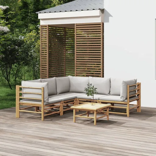 Conj. Lounge de Jardim Bambu c/ Almofadões Cinzento-Claro (6 pcs)