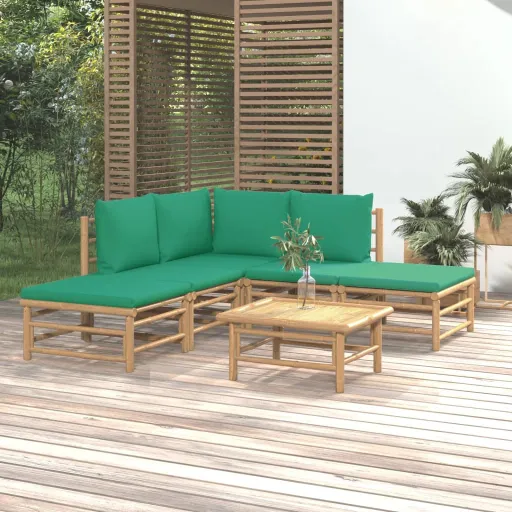 Conjunto Lounge de Jardim Bambu c/ Almofadões Verdes (6 pcs)