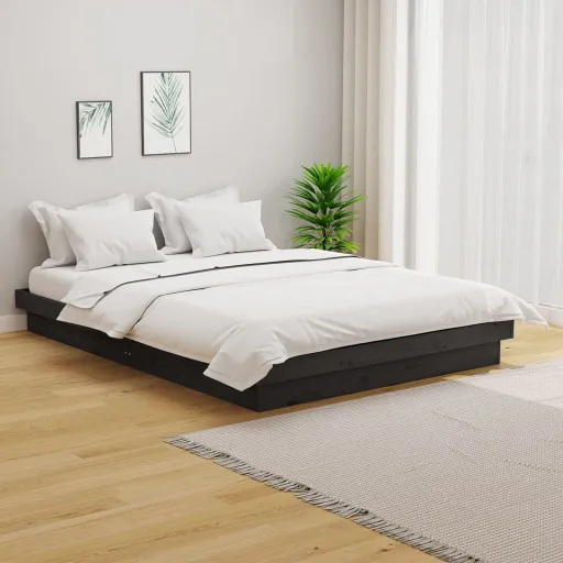 Estrutura de Cama Casal 135x190 cm Madeira Maciça Cinzento