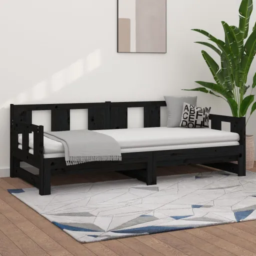 Sofá-Cama de Puxar Pinho Maciço Preto 2x(80x200) cm